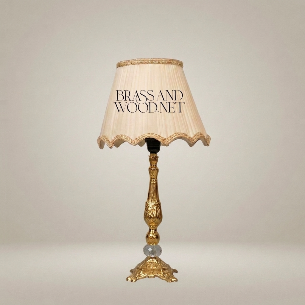 Belle Époque Brass Table Lamp with Scallop-Edge Fabric Shade