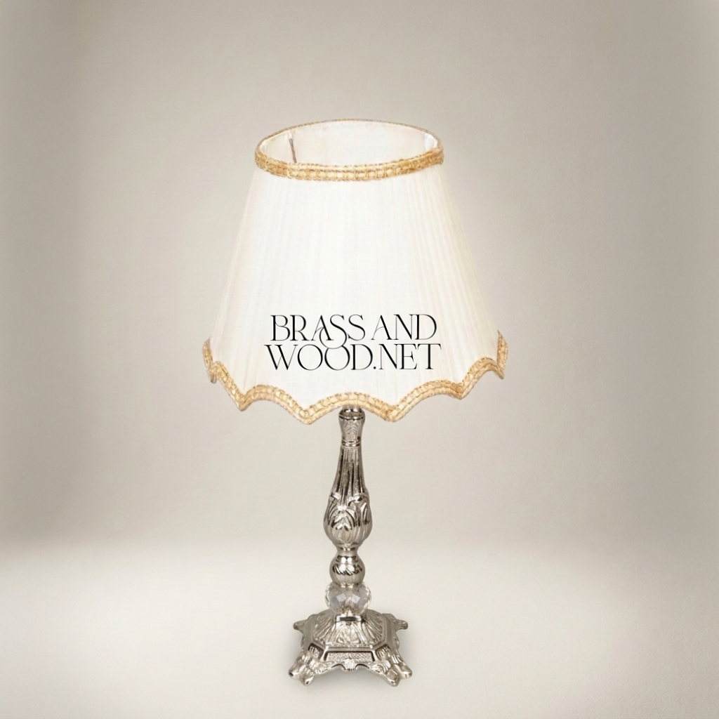 Belle Époque Brass Table Lamp with Scallop-Edge Fabric Shade