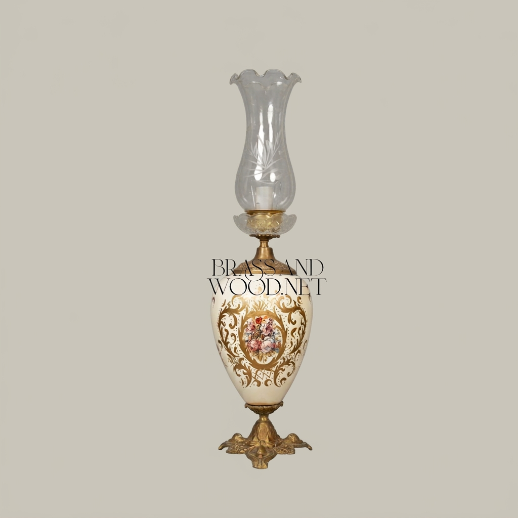 Napoleon III Porcelain Urn Table Lamp with Hand-Painted Floral Cartouche and Etched Glass Chimney