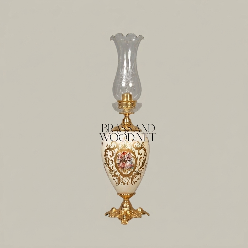 Napoleon III Porcelain Urn Table Lamp with Hand-Painted Floral Cartouche and Etched Glass Chimney
