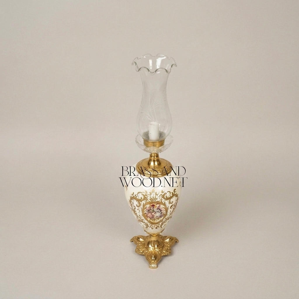 Napoleon III Porcelain Urn Table Lamp with Hand-Painted Floral Cartouche and Etched Glass Chimney