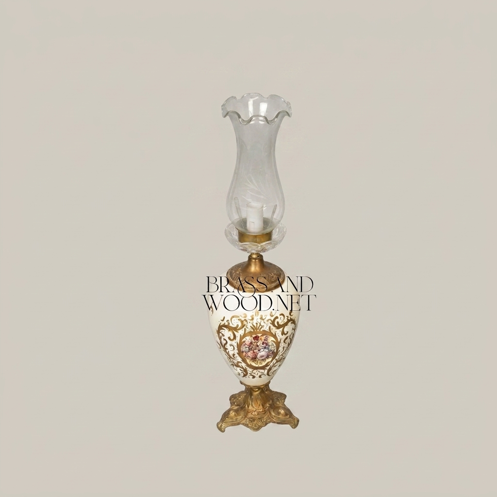 Napoleon III Porcelain Urn Table Lamp with Hand-Painted Floral Cartouche and Etched Glass Chimney