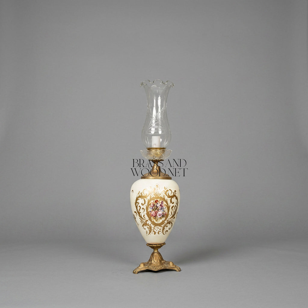 Napoleon III Porcelain Urn Table Lamp with Hand-Painted Floral Cartouche and Etched Glass Chimney