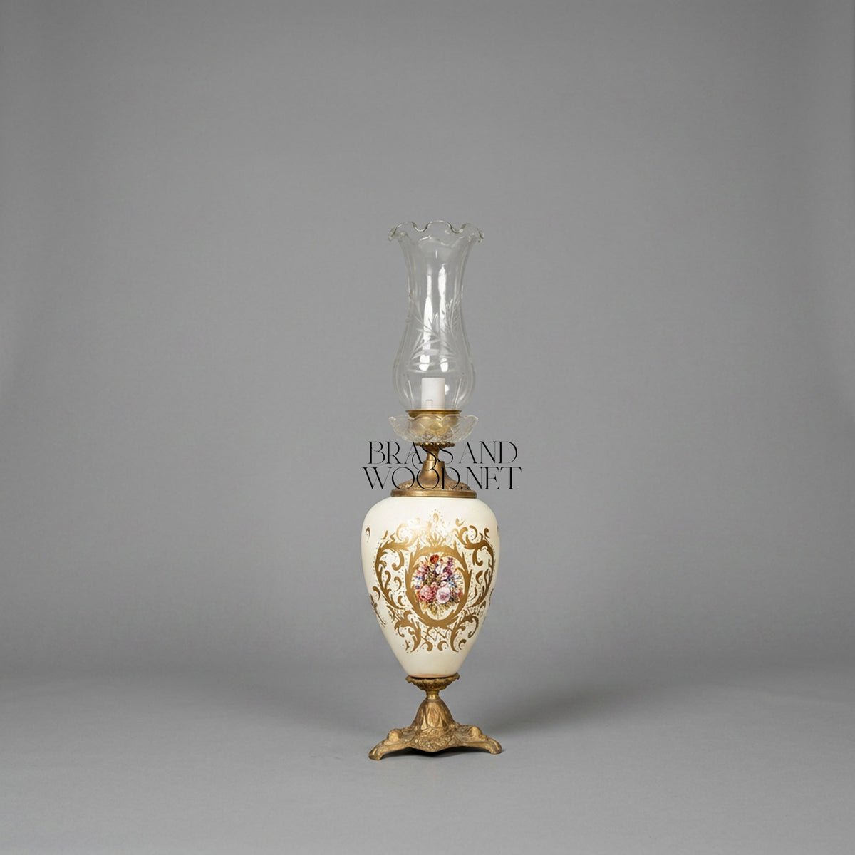 Napoleon III Porcelain Urn Table Lamp with Hand-Painted Floral Cartouche and Etched Glass Chimney
