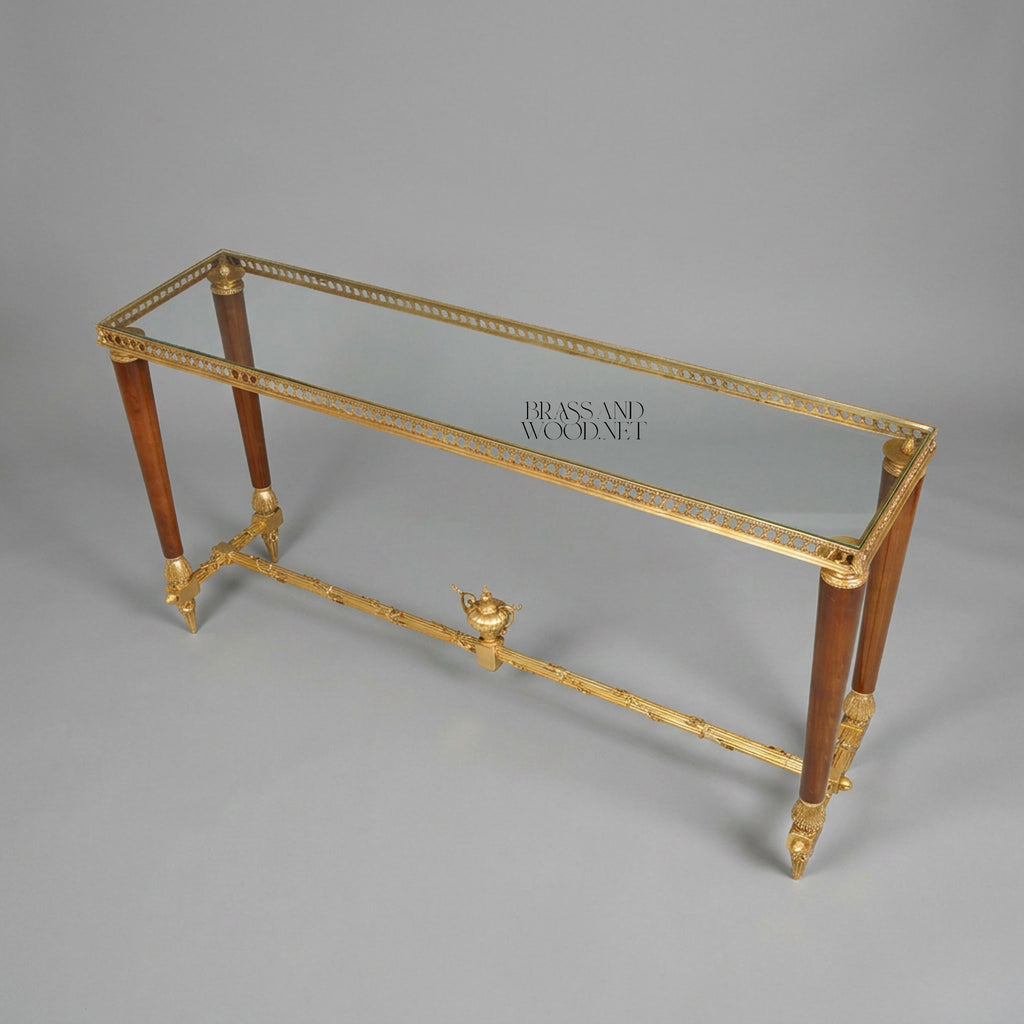 Neoclassical Brass Console Table with Glass Top