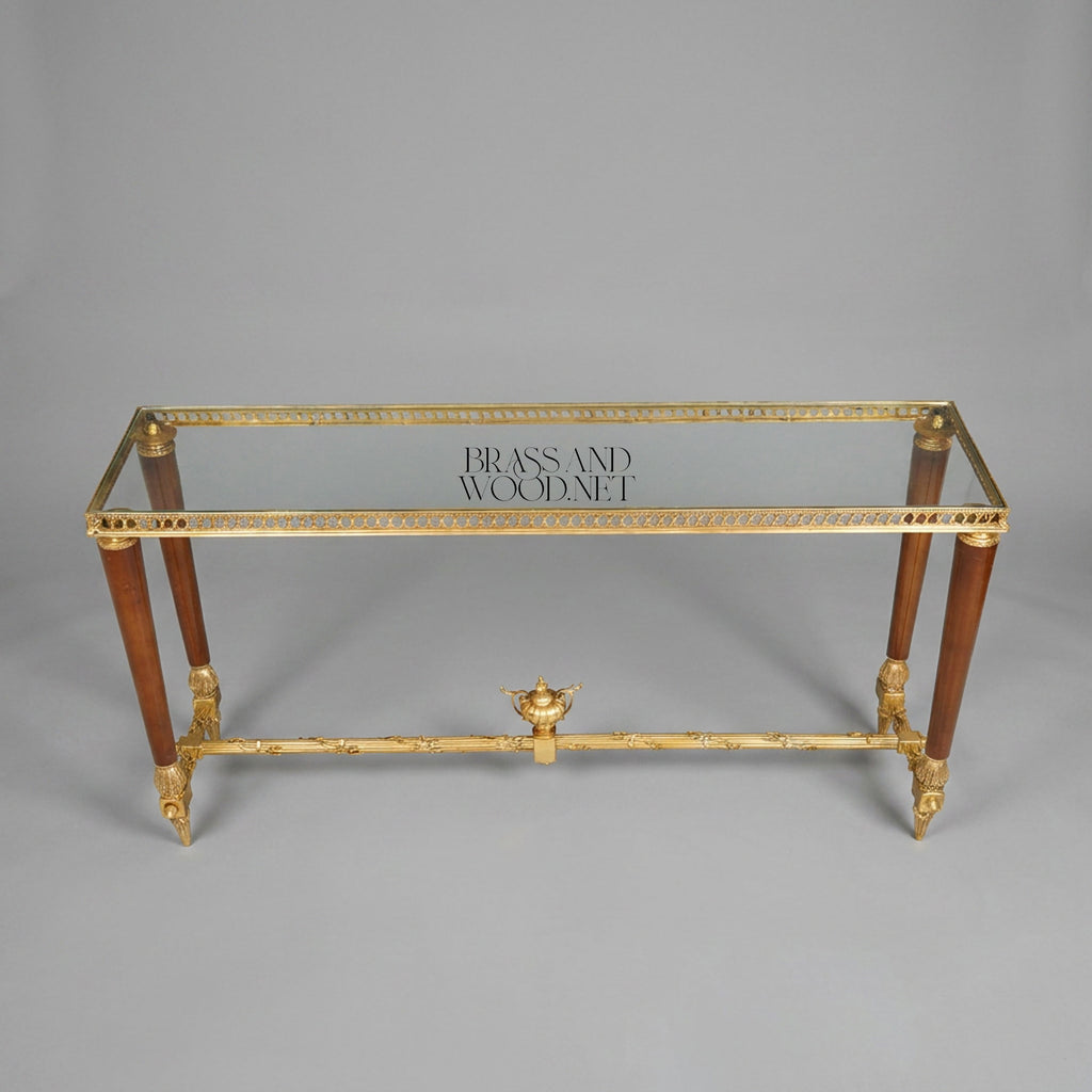 Neoclassical Brass Console Table with Glass Top
