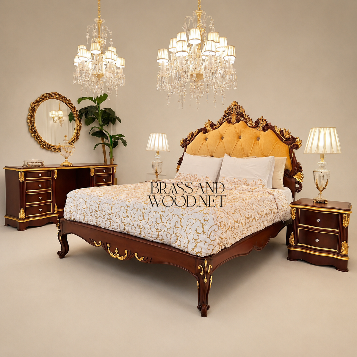 Napoleon III Rococo Revival Bedroom Set — Carved Mahogany with Gold-Leaf Acanthus & Amber Velvet Tufted Headboard