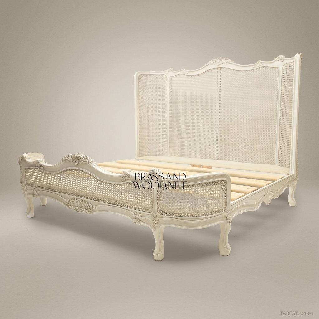 Louis XV Rococo Carved Cane Panel Super King Bed — Rose Cartouche Headboard
