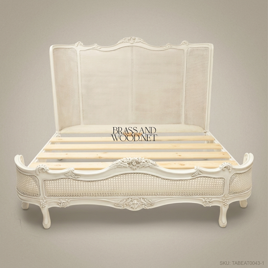 Louis XV Rococo Carved Cane Panel Super King Bed — Rose Cartouche Headboard