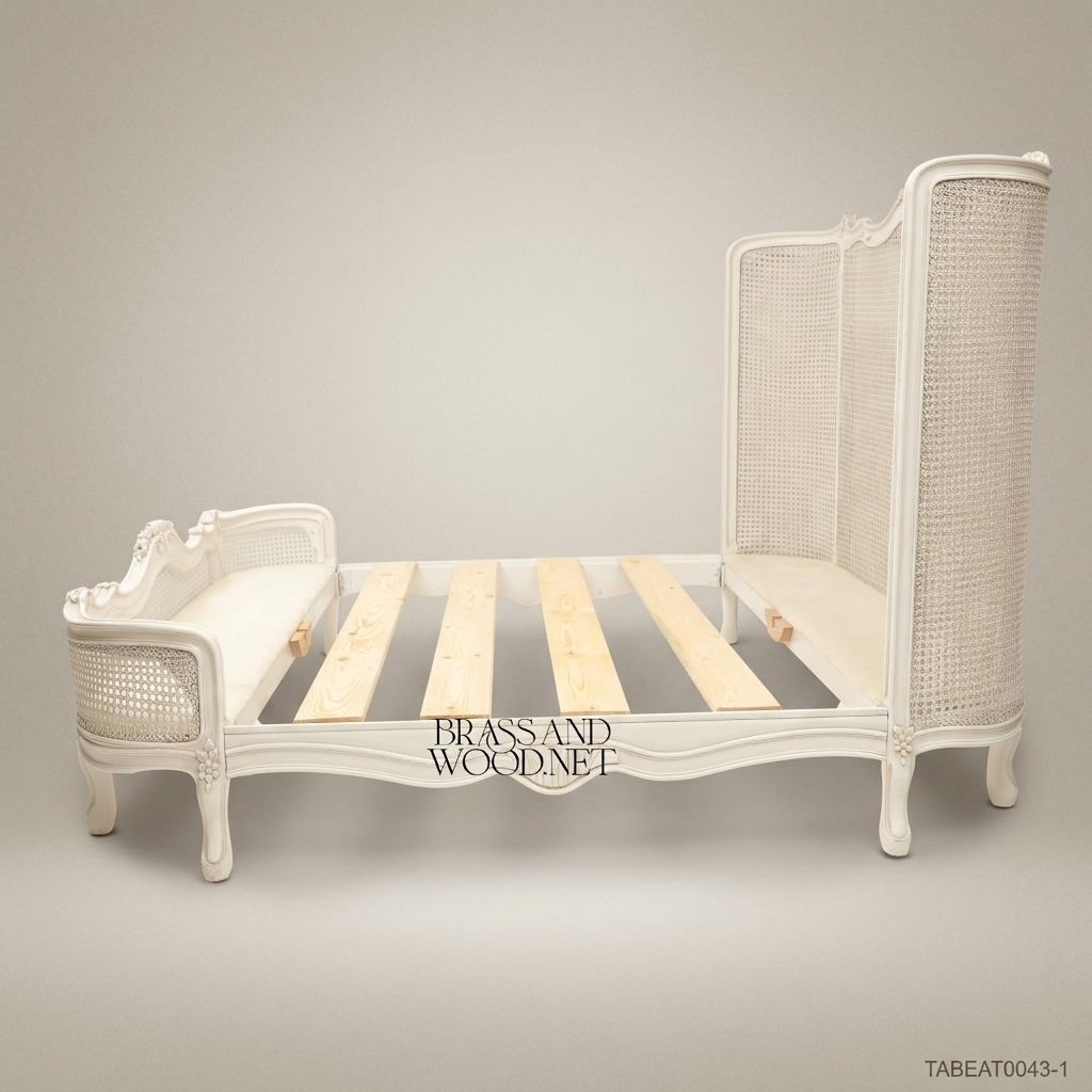 Louis XV Rococo Carved Cane Panel Super King Bed — Rose Cartouche Headboard