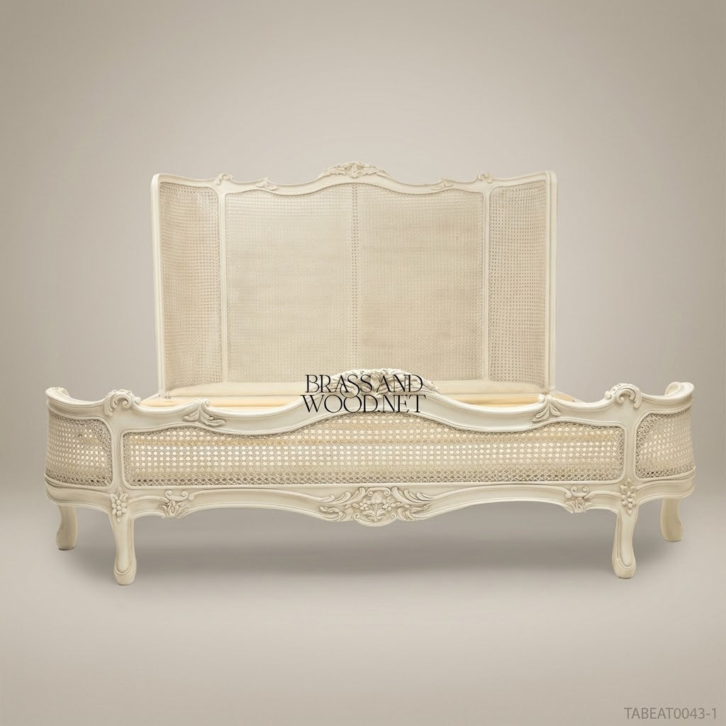 Louis XV Rococo Carved Cane Panel Super King Bed — Rose Cartouche Headboard
