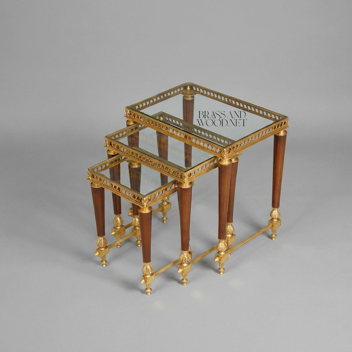 Louis XVI Neoclassical Nesting Side Tables - Pierced Brass Gallery & Glass Top Set of 3