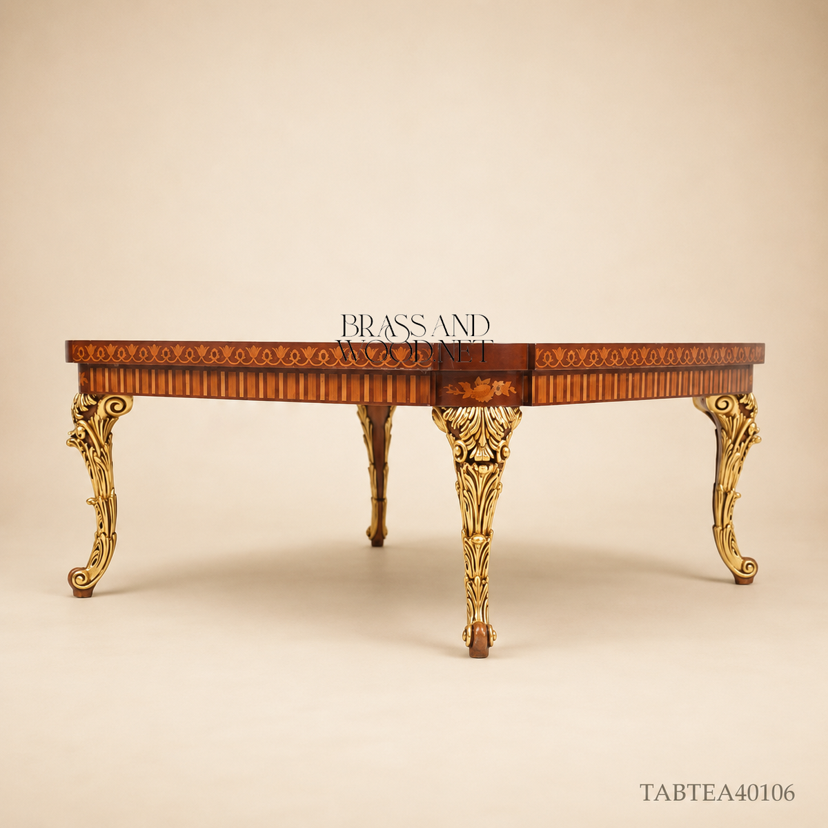 Baroque Marquetry Salon Coffee Table with Gilded Cabriole Legs