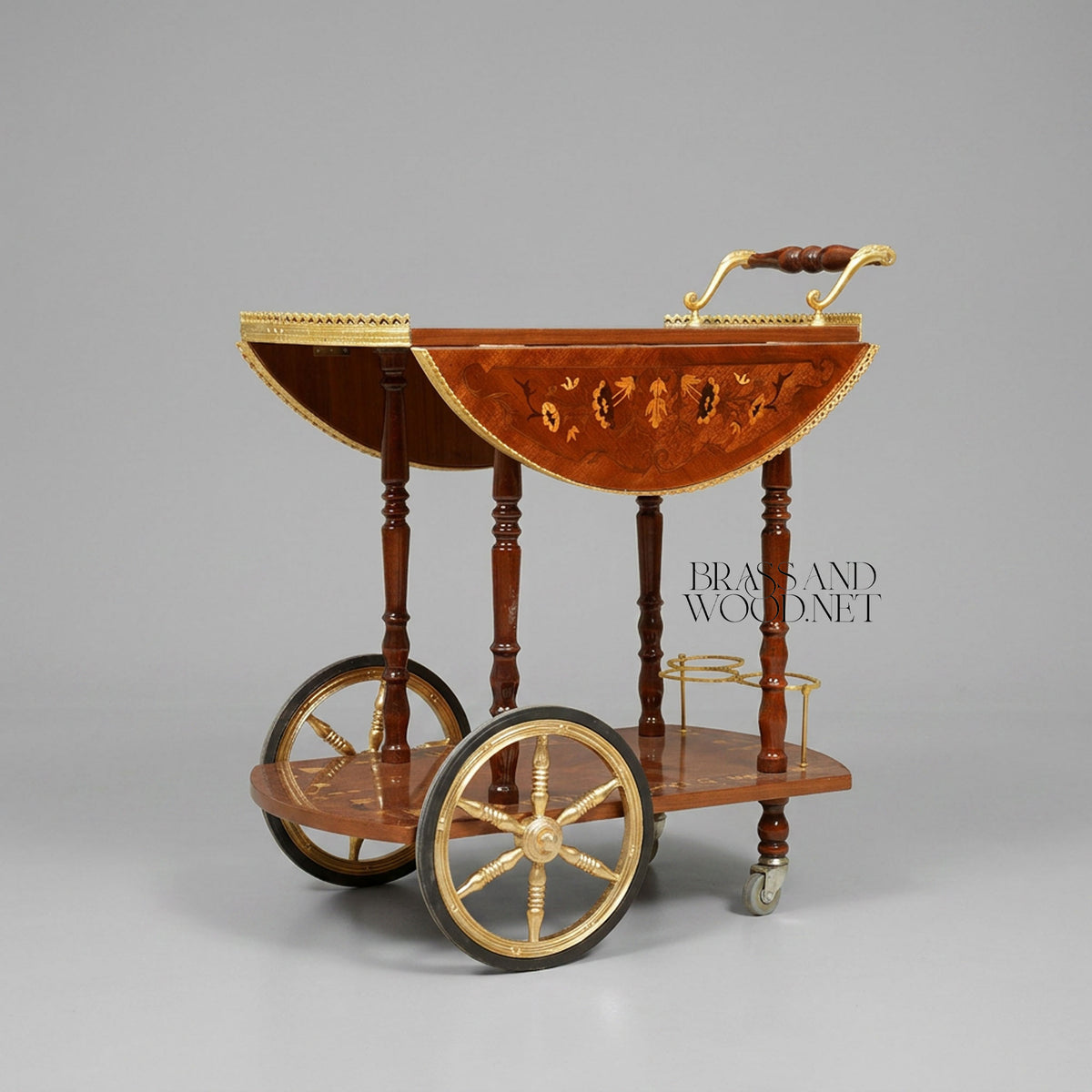 Belle Époque Marquetry Tea Trolley with Brass Gallery Rail & Spoke Wheels