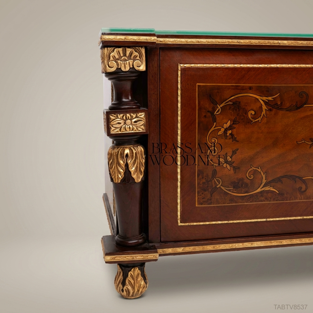 Napoleon III Rococo Revival TV Console — Floral Marquetry & Gilt Brass Mounts