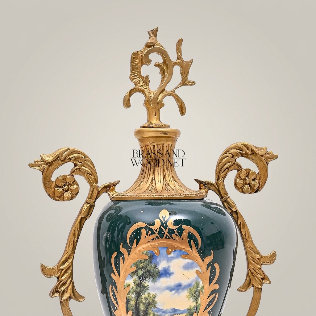 Rococo Brass-Mounted Ceramic Lidded Urn Vase with Hand-Painted Landscape Medallion