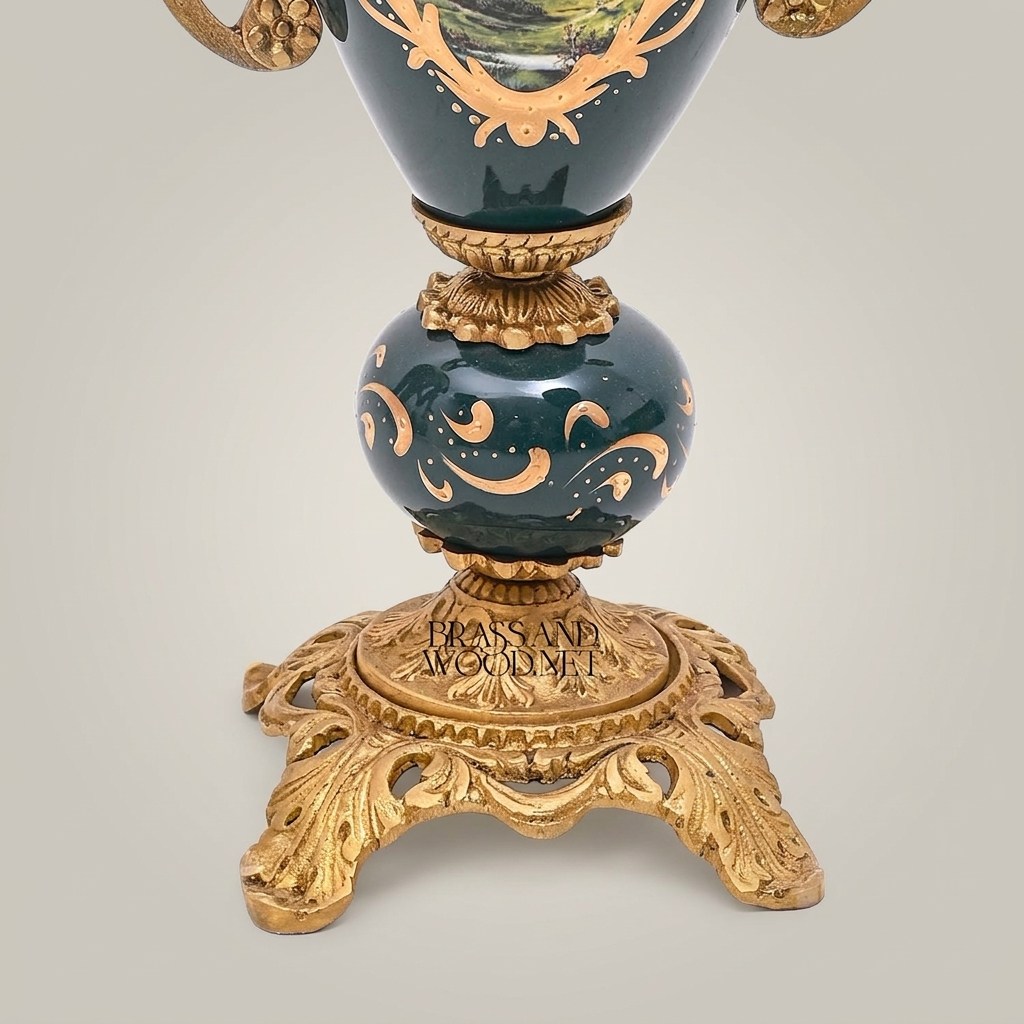 Rococo Brass-Mounted Ceramic Lidded Urn Vase with Hand-Painted Landscape Medallion