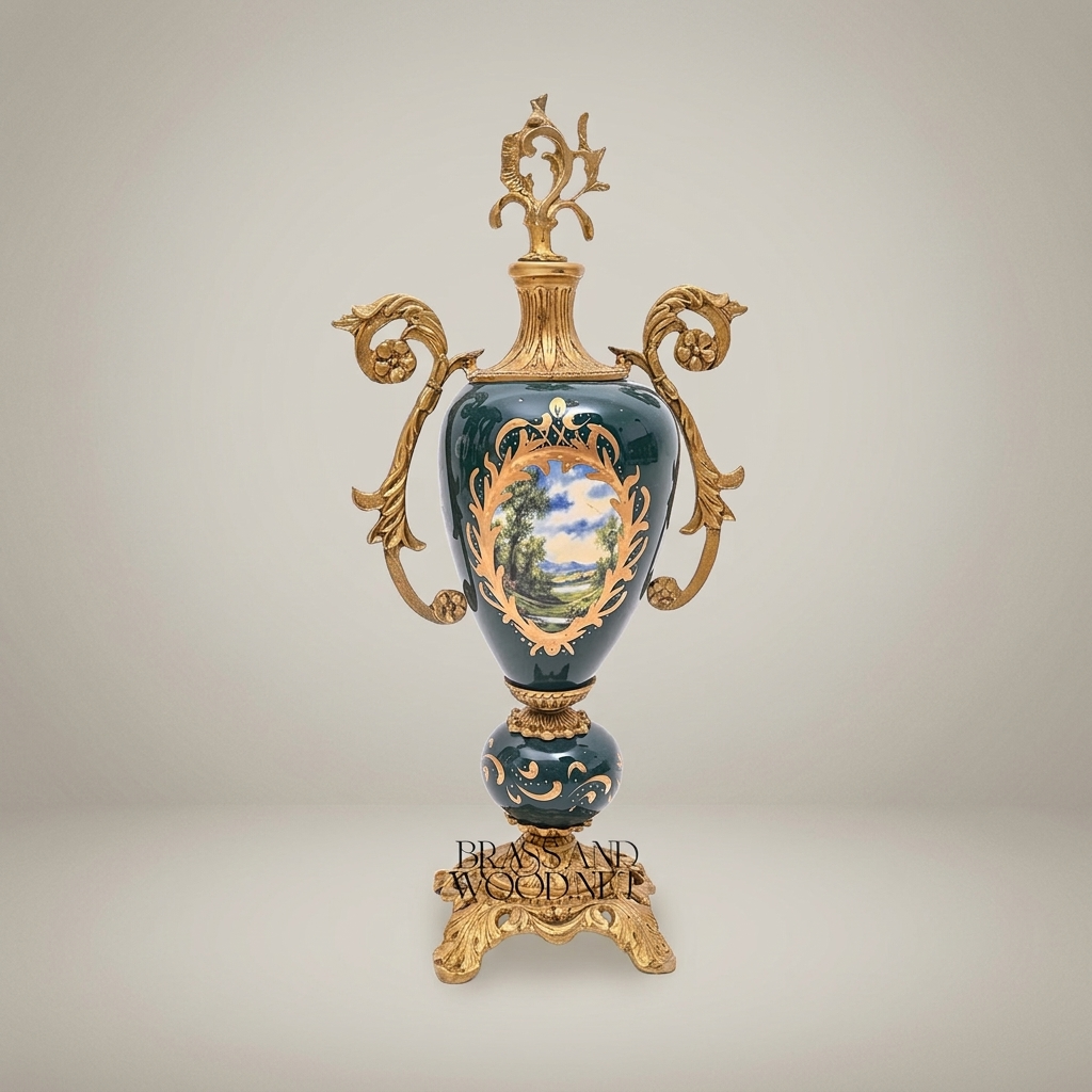 Rococo Brass-Mounted Ceramic Lidded Urn Vase with Hand-Painted Landscape Medallion