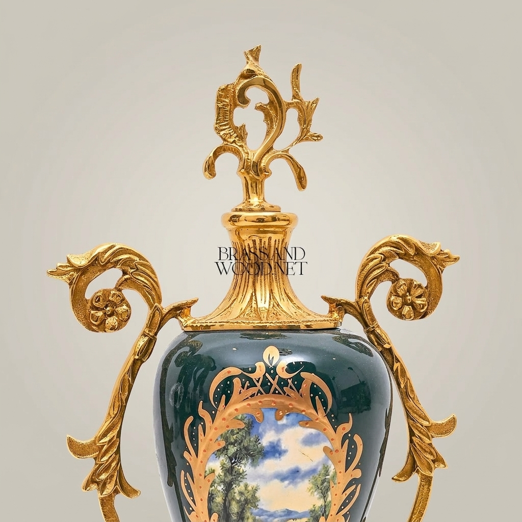 Rococo Brass-Mounted Ceramic Lidded Urn Vase with Hand-Painted Landscape Medallion