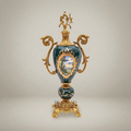 Rococo Brass-Mounted Ceramic Lidded Urn Vase with Hand-Painted Landscape Medallion