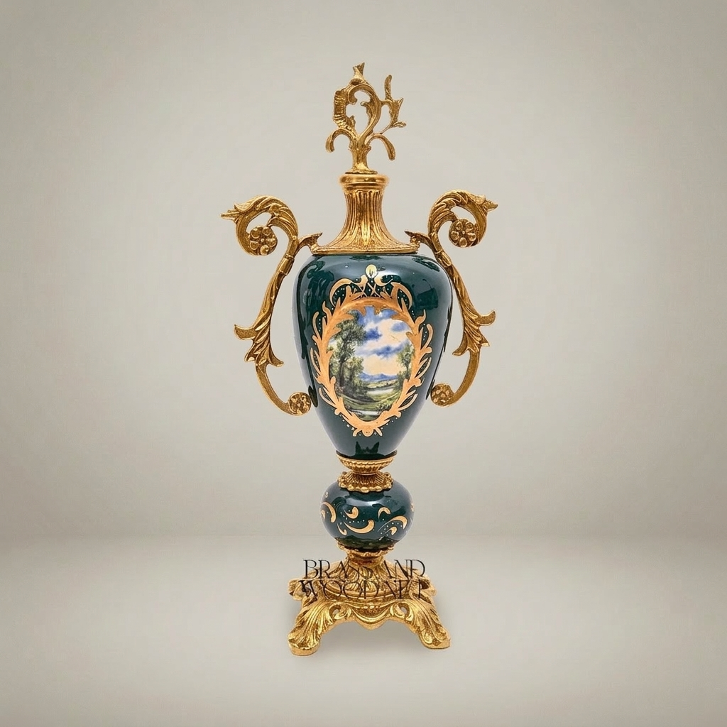 Rococo Brass-Mounted Ceramic Lidded Urn Vase with Hand-Painted Landscape Medallion