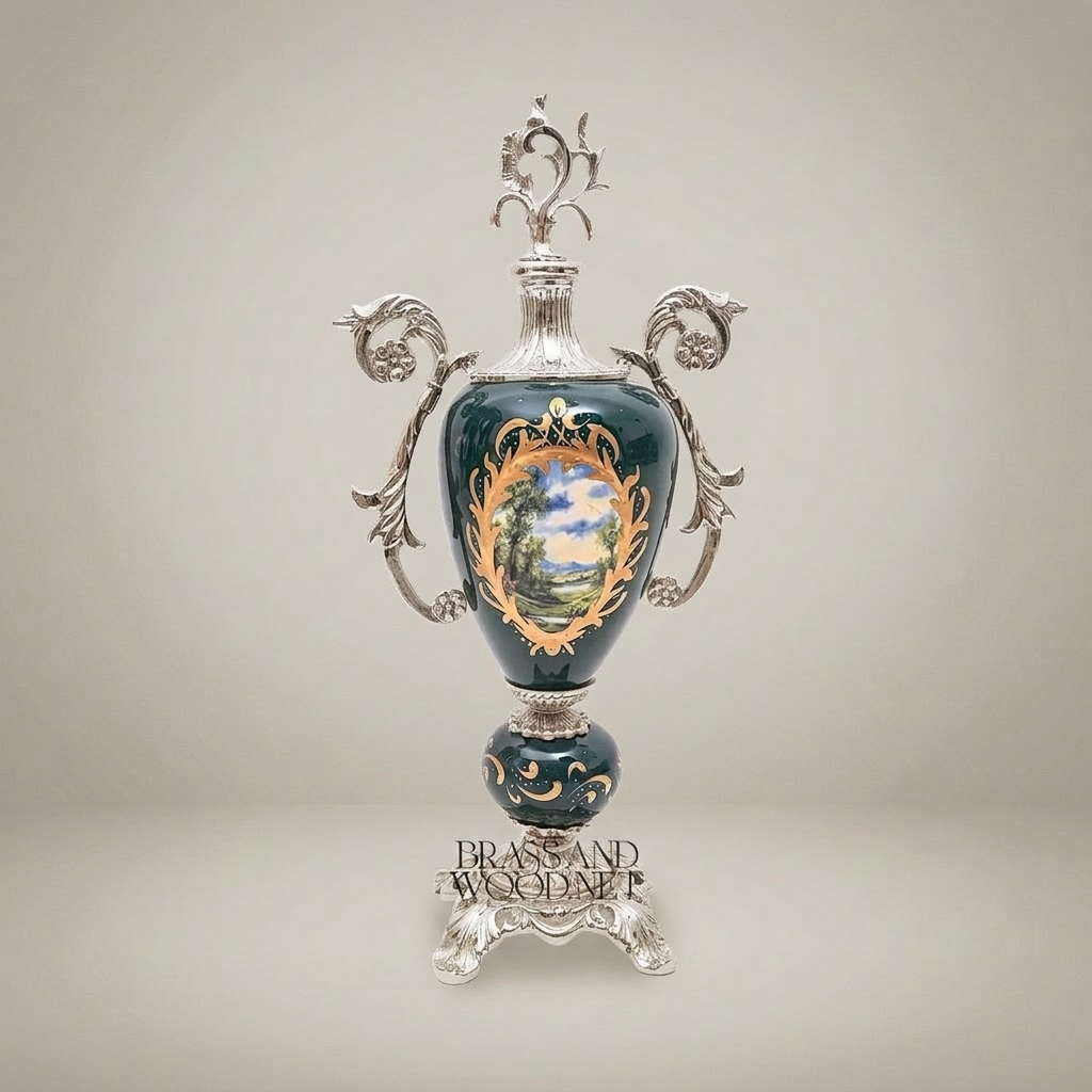 Rococo Brass-Mounted Ceramic Lidded Urn Vase with Hand-Painted Landscape Medallion
