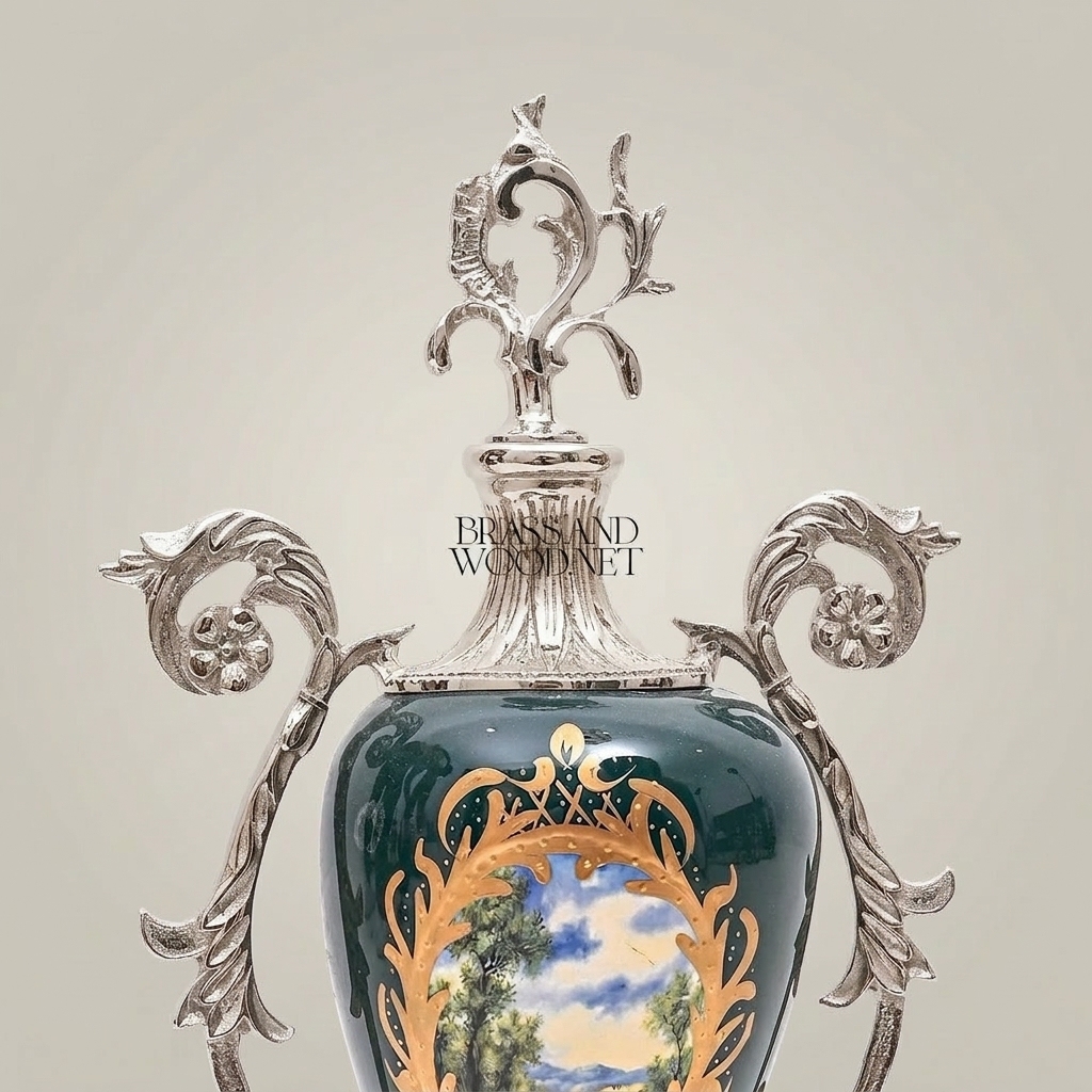 Rococo Brass-Mounted Ceramic Lidded Urn Vase with Hand-Painted Landscape Medallion
