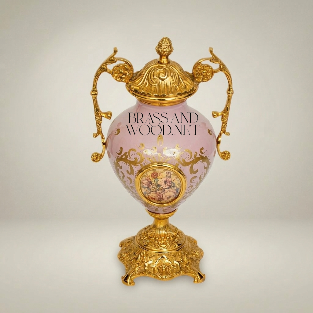 Rococo Lidded Ceramic Urn Vase with Brass Mounts & Hand-Painted Floral Medallion