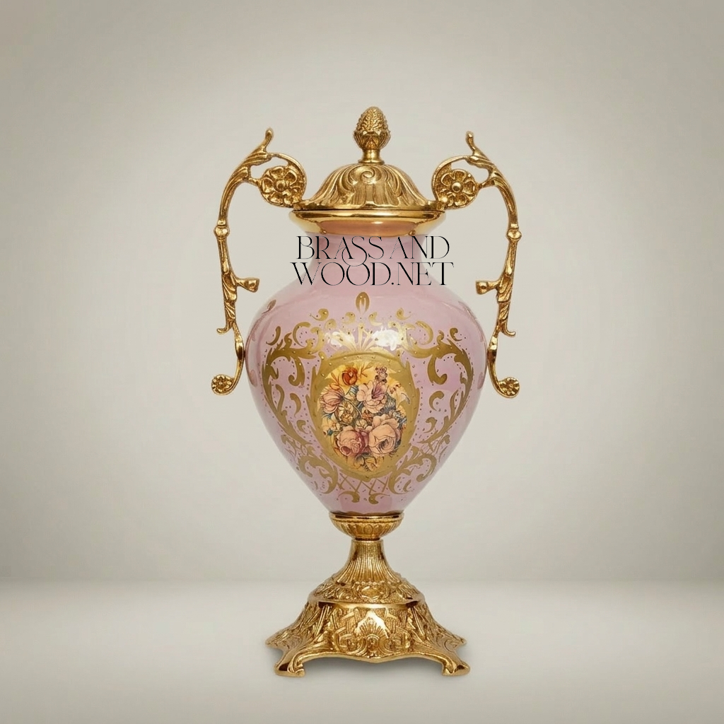 Rococo Lidded Ceramic Urn Vase with Brass Mounts & Hand-Painted Floral Medallion