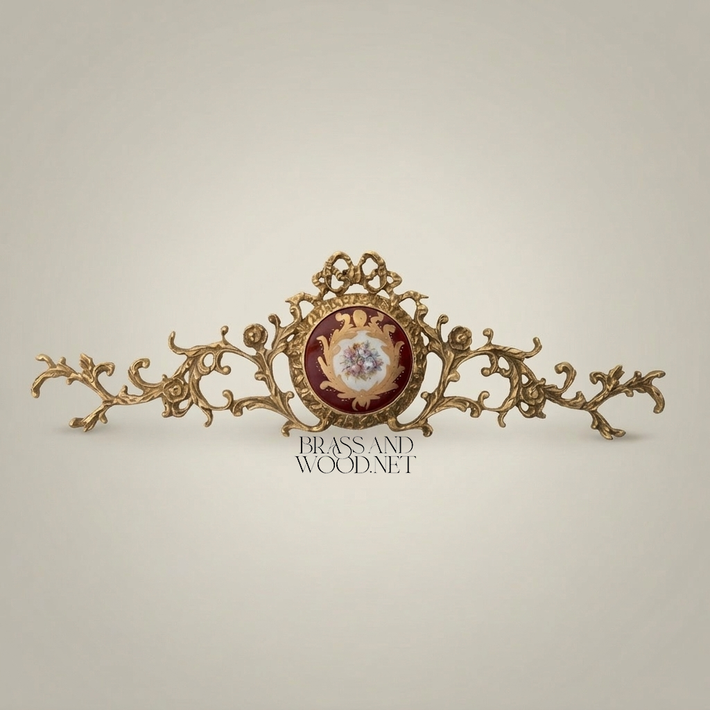 Rococo Brass Wall Pediment with Porcelain Medallion — Acanthus Scroll Cresting