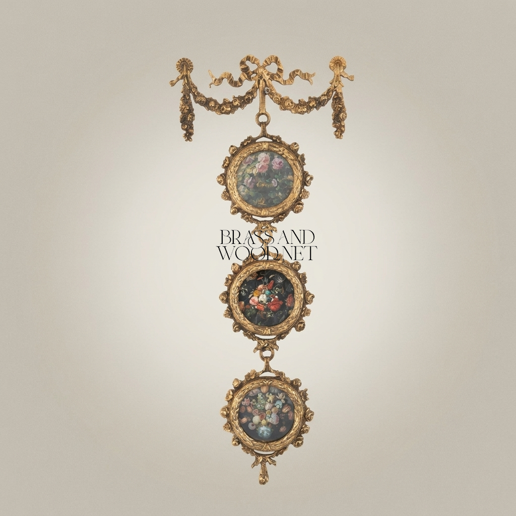Neoclassical Brass Triple Medallion Wall Hanging with Floral Art Panels & Ribbon Swag Crown