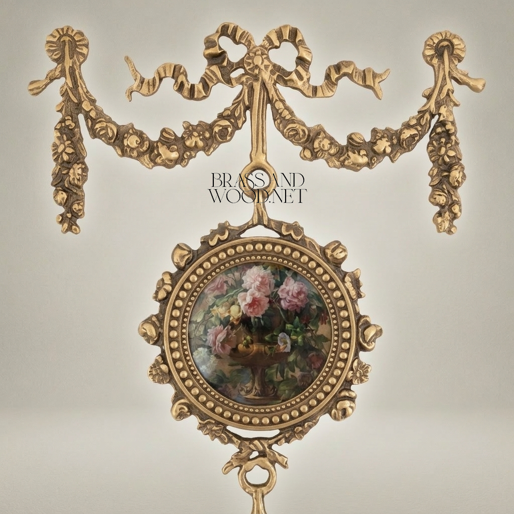 Neoclassical Brass Triple Medallion Wall Hanging with Floral Art Panels & Ribbon Swag Crown