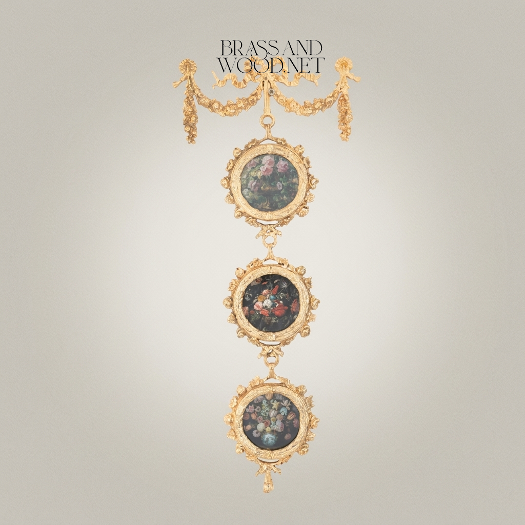 Neoclassical Brass Triple Medallion Wall Hanging with Floral Art Panels & Ribbon Swag Crown
