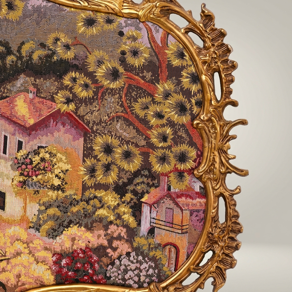 Rococo Gilded Wall Frame with Panoramic Harbor Tapestry Scene