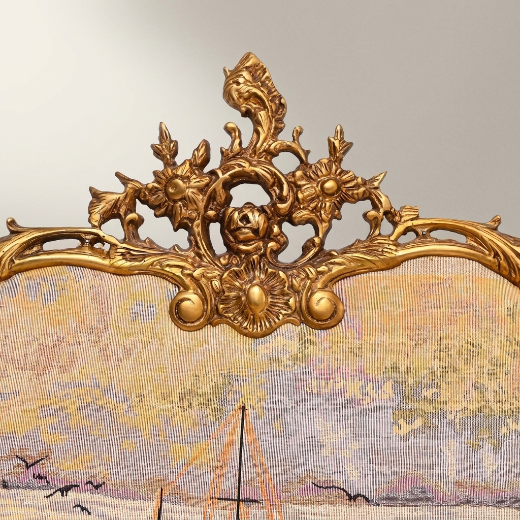 Rococo Gilded Wall Frame with Panoramic Harbor Tapestry Scene