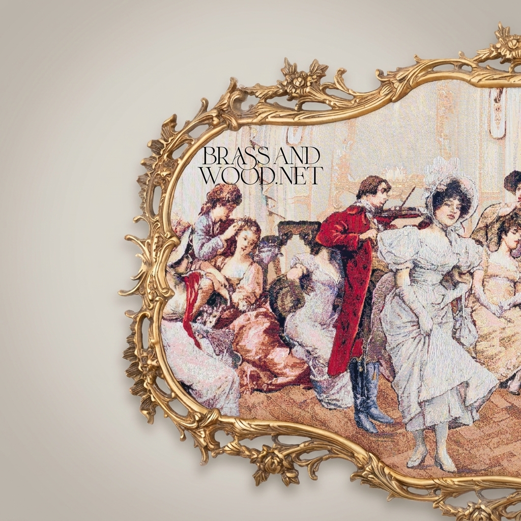 Rococo Ballroom Scene Tapestry Wall Panel in Ornate Cartouche Frame