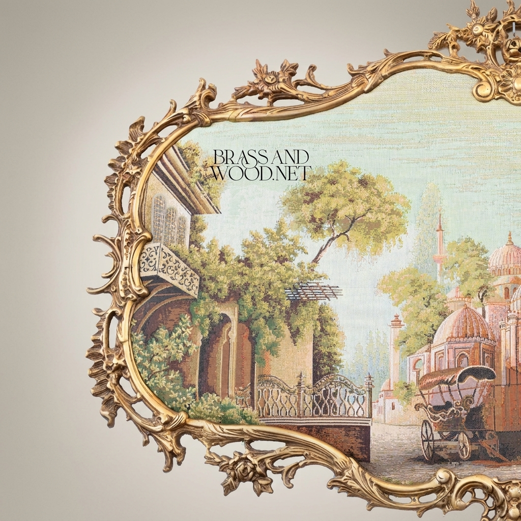 Rococo Brass Frame with Oriental Cityscape Tapestry - Cartouche Shape