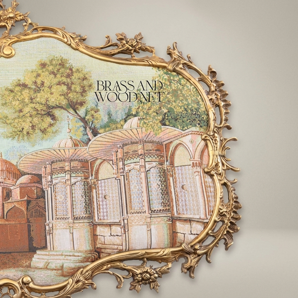 Rococo Brass Frame with Oriental Cityscape Tapestry - Cartouche Shape