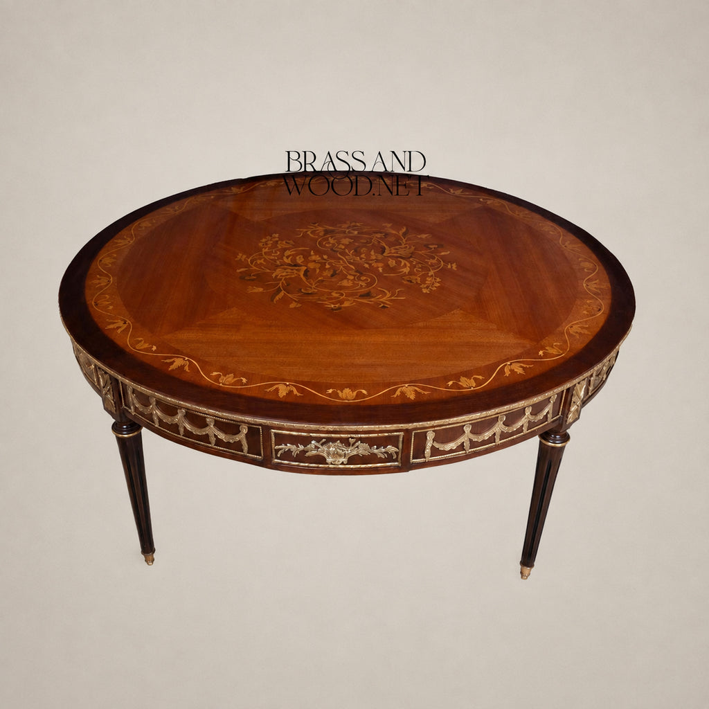 Brass-Trimmed Brown Marquetry Coffee & Corner Table Set
