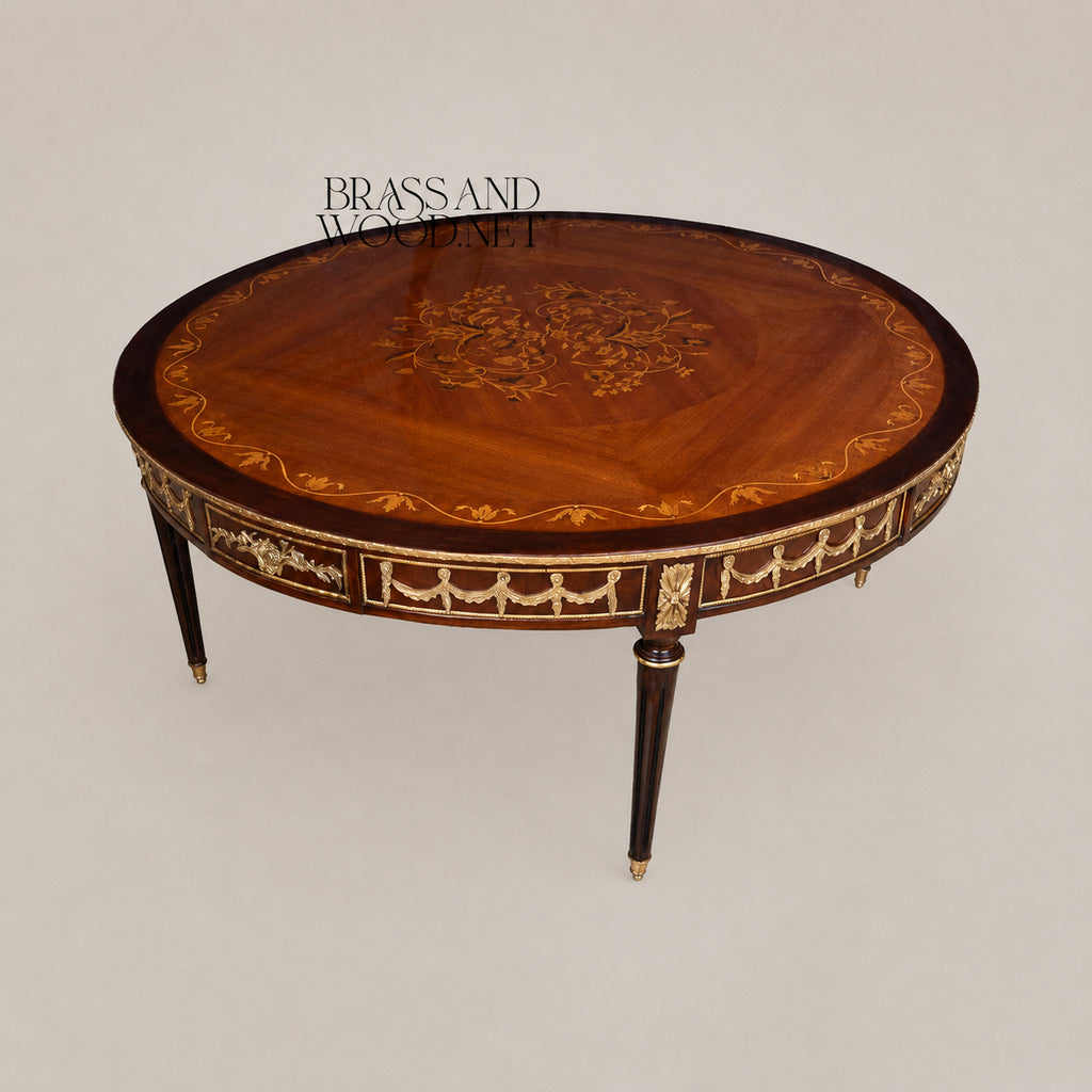 Brass-Trimmed Brown Marquetry Coffee & Corner Table Set