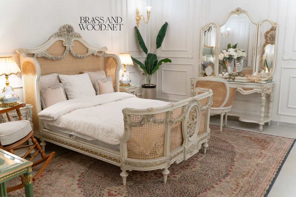 Louis XVI Neoclassical Cane & Carved Wood Bedroom Set - Antique White with Floral Swag Panels