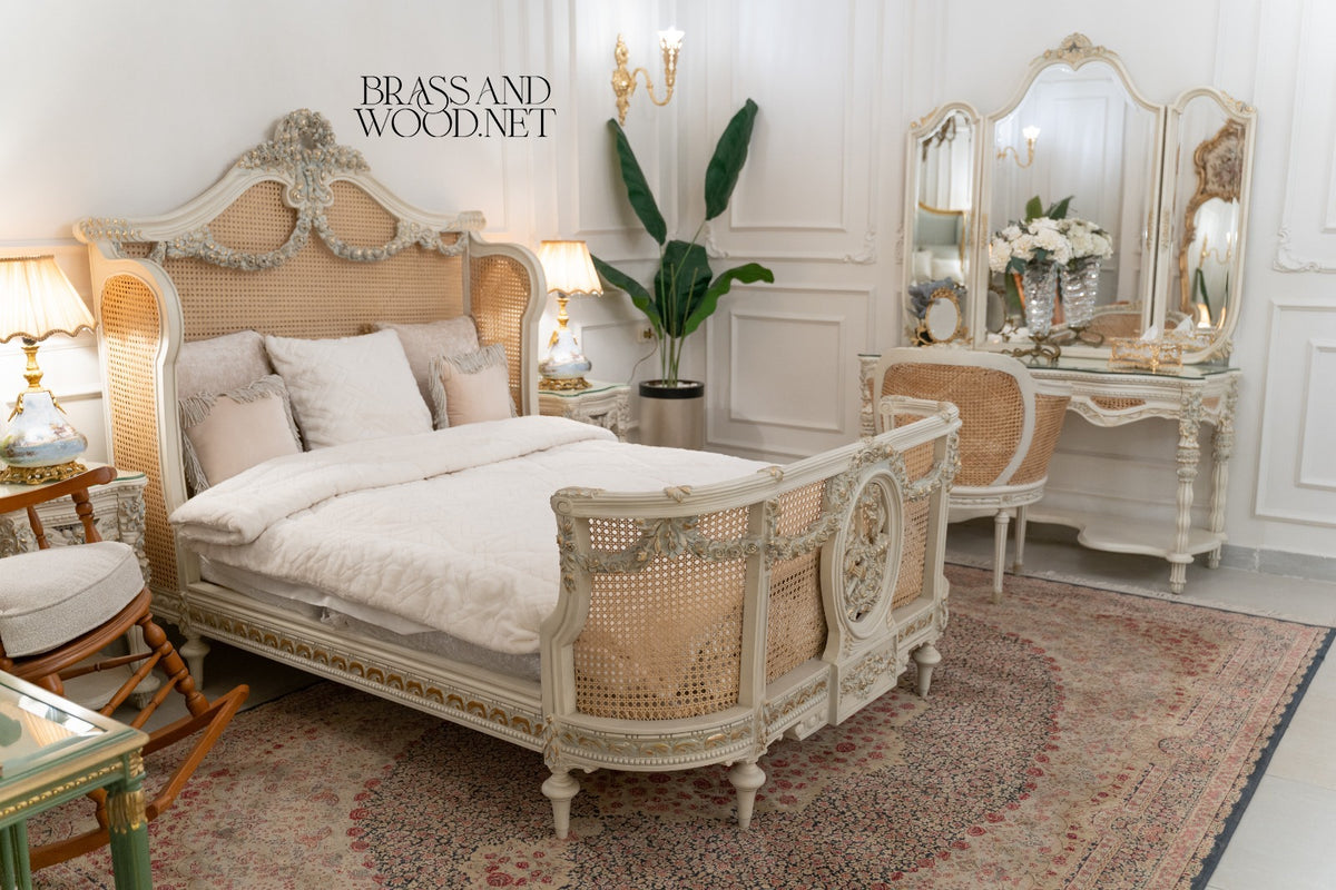 Louis XVI Neoclassical Cane & Carved Wood Bedroom Set - Antique White with Floral Swag Panels