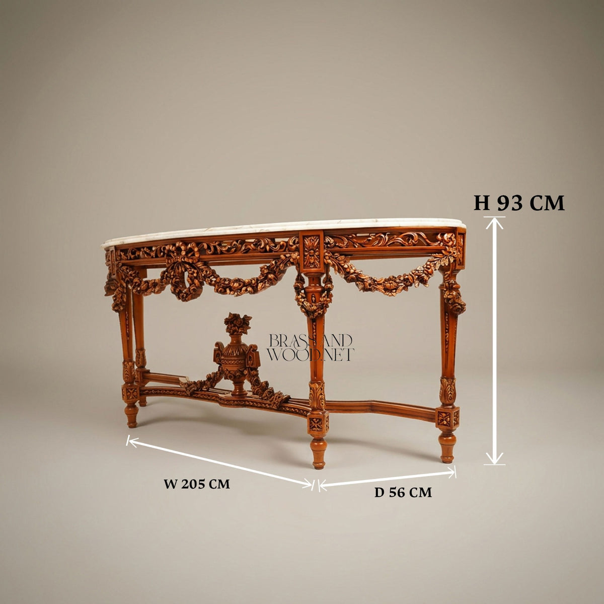 Louis XVI Neoclassical Demi-Lune Console Table with Floral Garland Carving and Calacatta Marble Top