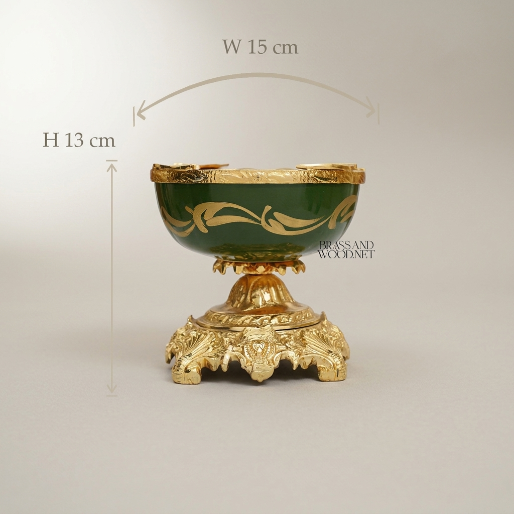 Baroque Brass & Ceramic Pedestal Ashtray with Foliate Scrollwork Base — Gold
