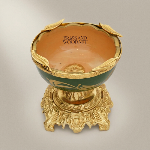 Baroque Brass & Ceramic Pedestal Ashtray with Foliate Scrollwork Base — Gold