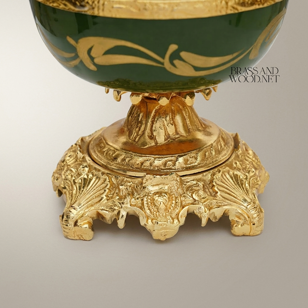 Baroque Brass & Ceramic Pedestal Ashtray with Foliate Scrollwork Base — Gold