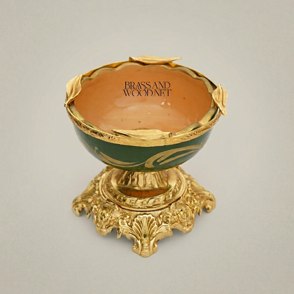 Baroque Brass & Ceramic Pedestal Ashtray with Foliate Scrollwork Base — Gold