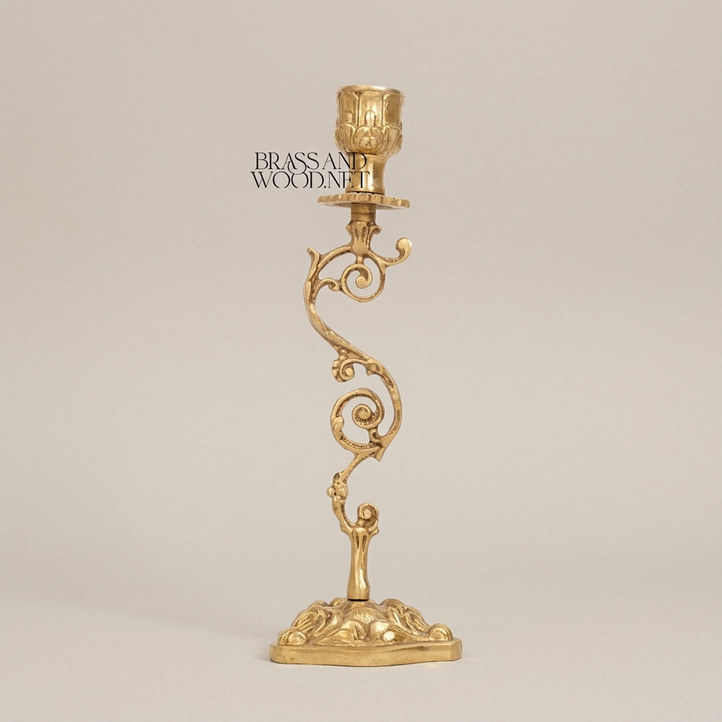 Rococo Brass Candlestick with Serpentine Scrollwork Stem - Antique Gold