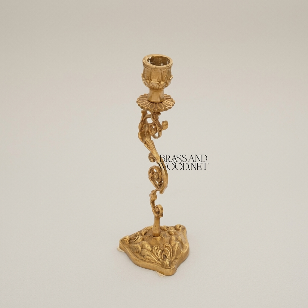Rococo Brass Candlestick with Serpentine Scrollwork Stem - Antique Gold