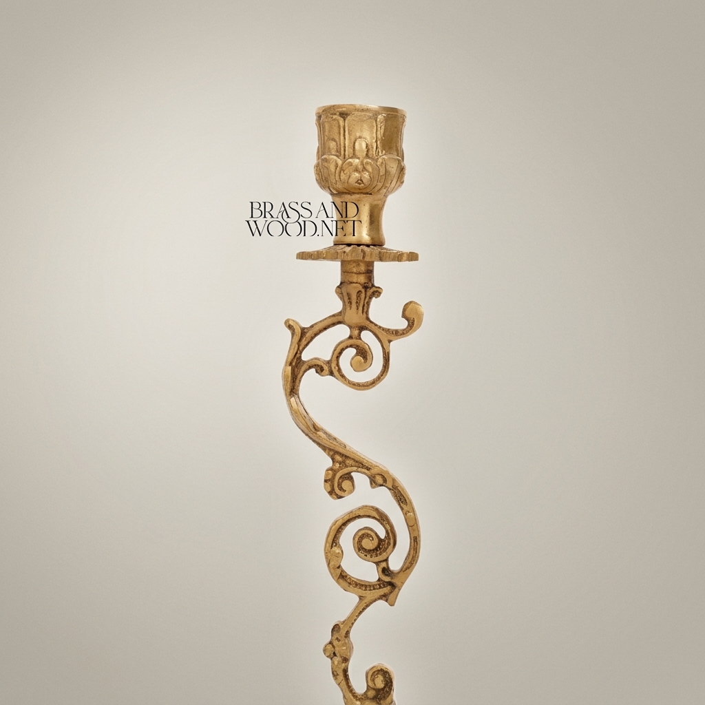 Rococo Brass Candlestick with Serpentine Scrollwork Stem - Antique Gold